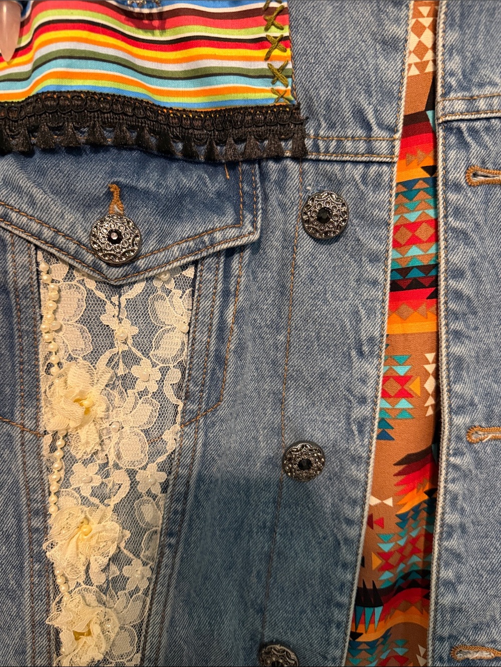 Up Cycled Artisan Made Colorful Heavily Embellished Cotton Denim Jacket - Picture 12 of 16